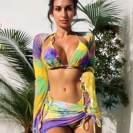 Women's Swimwear Women 4pack Tie Dye Long Sleeve Bikini Sets With Skirts Cover Ups Swimsuit Female Swimming Pool Beach Bathing Suits