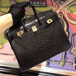 Designer Handbag Tote Bags Crocodile 5a All Handmade Black Bright Faced Alligator Leather Bag 25cm Female Portable Luxurys Large Capacity Have Logo