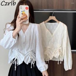 Women's Blouses Hollow Out Solid Shirts Women Loose V-neck Streetwear Spring Casual All-match Elegant Young Korean Aesthetic Simple Cosy