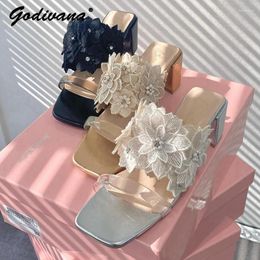 Slippers Japanese Ins Sweet Lace Flowers Pearl Commuter Office Lady Sandals Summer Girls Retro Chunky Heel Women's Slides