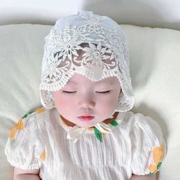 Caps Hats White lace baby sun hat with flower embroidery on the head princess palace hat baby turbine hat newborn photography prop WX