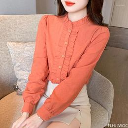 Women's Blouses Cotton Tops 2024 Design Women Long Sleeve Single-Breasted Button Shirts Blue Pink Retro Vintage Ruffles Stand Collar