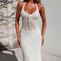 Casual Dresses Sexy Hollow Out Knitted Beach Dress Halter Backless Maxi White Crochet Long Summer Holiday