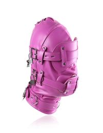 Pink Colour Bondage Hood BDSM Leather Muzzle Mask Gimp with Detachable Eye Pad Penis Mouth Gag Head Harness Sexy Costume Accessory6823871