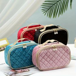 Cosmetic Bags 1PC Fashion Handheld Golden Velvet Makeup Bag Pearl Zipper Solid Colour Plaid Travel Storage Cylinder Wash