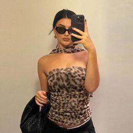 Women's Tanks Leopard Print Scarf Sexy Crop Tops Streetwear Spicy Girl 2024 Spring Summer Strapless Ruched Slim Fit Party Chic Clubwear