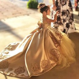 Dresses Gold Appliques Long Girls Pageant Dresses With Bow Lace Tulle Flower Girl Dresses First Communion Dresses Kids Evening Ball Gown P