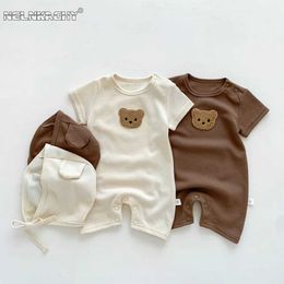 Rompers New summer children girls boys short sleEved patches baby bears baby jumpsuits cotton jumpsuits ear gift hats d240516