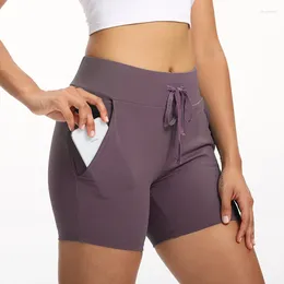 Active Shorts Drawstring Relaxed Fit Sport Yoga Training Women Stretchy Soft Nylon Workout Fitness Athletic With Pocket