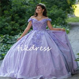 Lavender Lilac Quinceanera Dresses Charro 2024 Elegant Off Shoulders 3D Florals Plus Size Vestios De 15 Xv Anos Glitter Sixteen Birthday Dress Beaded Masquerade