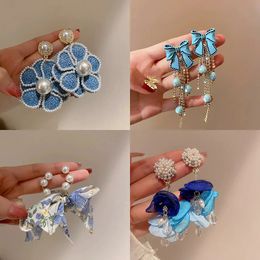 Elegant Blue Crystal Inlaid Pearl Flower Earrings Korean Fashion Long Tassel Earings Design Wedding Party Jewelry for Women 240507