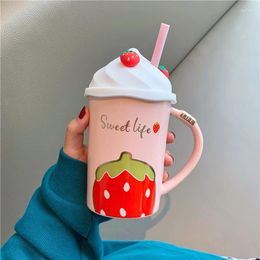 Mugs Strawberry Straw Cup Reusable Water Bottle Smoothie Tumbler With Creative Ceramics Cute Kitchen Supplies