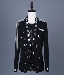 Black White Mirror Chain Tassel Jacket Slim Coat Stage Costumes Singer Jacket Blazer Outerwear Performance Tuxedo Male Host Fashio7748572