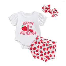 Clothing Sets Summer Infant Baby Girls Birthday Outfits Print Short Sleeve Romper And Elastic Shorts Cute Headband Clothes