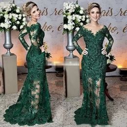 2022 Elegant Dark Green Mermaid Lace Mother Of The Bride Dresses Long Sleeves Appliqued V Neck Wedding Guest Gowns Plus Size Groom Mom 222B