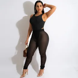 Women's Two Piece Pants Women Mesh See-Through Set Sexy Sleeveless Romper High Waist Skinny Pencil Trousers For Party Club Streetwear