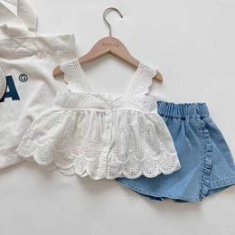 Clothing Sets Girls clothing set summer childrens clothing girl lace edge pure white baby girl casual white suspension+denim tight fitting clothes for children WX