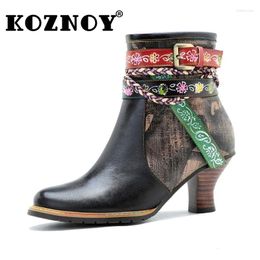 Boots Koznoy 6.5cm Sheepskin Leather Plus Size ZIP Females Ethnic Fashion Ladies Print Autumn Spring Ankle Booties Women Shoes