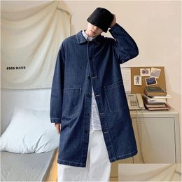 Mens Trench Coats Casual Men Long Denim Jacket Single Breasted Pockets Windbreaker Loose Plus Size Blue Coat Autumn Fashion Drop Del Dheey