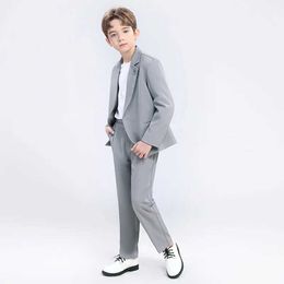 Suits Boys Grey Suit Set Childrens Catwalk Photography Performance Birthday Costume Kids Blazer Pants Necklace Outfit Y240516