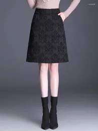 Skirts Jacquard A-LINE Skirt Women 2024 Fall Winter Fashion High Waist Ladies Sexy Black S-XXXL Female Knee-Length Pockets 9689