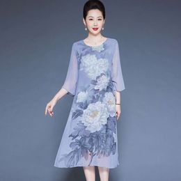 Temperament Mom Summer Silk Dress Fashionable 3/4 Sleeves Long Middle and Old Age Large Size Loose Printed Skirt Female