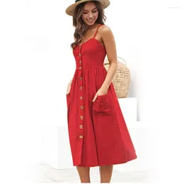 Casual Dresses 2024 Summer Dot Solid Colour Sexy Fashion Pullover V-Neck Mid Waist Sleeveless Strap Button Open Back Large Swing Dress