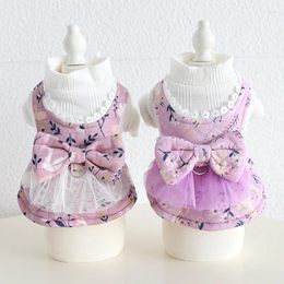 Dog Apparel Purple Floral Princess Dress Clothes Bow Traction Buckle Small Dogs Clothing Cat Korean Fashion Winter Warm Girl Pet Items