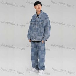 Mens Tracksuits Gmiixder Hip Hop Denim 2pcs Suit Men Women Trend Streetwear Plaid Jacket and Punk BF Style Jeans Male Female Two Piece Set