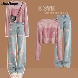 Womens Summer Jeans Matching Set Korean Elegant Strap Blouse Letter Denim Pants Three Piece Female Chic Trousers Suit 240516