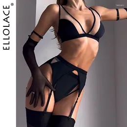 Bras Sets Ellolace Sexy Lingerie Lace Erotic Garter Belt Bra Set 4-Pcs Romantic Attractive Chest Suspenders Onlyfans Kit