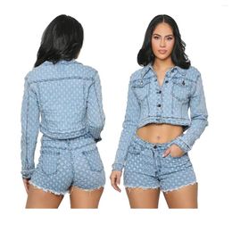 Women's Tracksuits Women Long Sleeve Lapel Single-breasted Jacket Top And Shorts Jean Suits Streetwear Fashion Blue Sexy Hole Denim Two 2