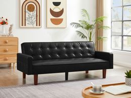 ZK20 Black Convertible Double Folding Living Room Sofa Bed, PU Leather Tufted Buttons Removable Wooden Feet