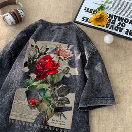 Gothic Washed Tshirts Rose Printed Streetwear Men Tshirt Oneck Oversized Korean Short Sleeve Tops Harajuku Casual Male Tee 240508