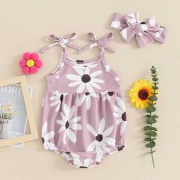 Rompers Newborn baby girl summer jumpsuit with floral print sleeveless lace up O-neck tight fitting suit d240516