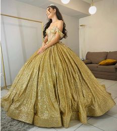 2024 Sparkly Gold Sequined Quinceanera Dresses Ball Gown Off The Shoulder Sweetheart Neck Floor Length Corset Debutante Sweet Sixteen Birthday Party Dress