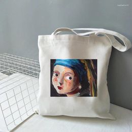 Shopping Bags Girl Letter Cartoon Print Canvas Shoulder With Pearl Earrings Harajuku Fashion Floral Ulzzang Funny Handbag Women Bag