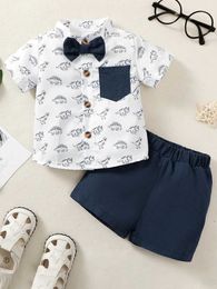 Clothing Sets 2Pcs Infants Baby Boys Gentlemans suit 3-24M Toddler Baby Boys casual Clothing Cute Dinosaur Pattern Top+Bule Shorts Y240515