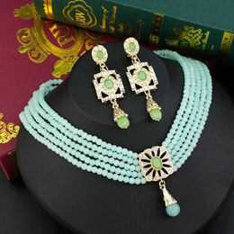 Wedding Jewellery Sets Sunspicems Gold Moroccan Necklace Set for Womens Bridal Hand Beaded Chain Long Pendant Earring
