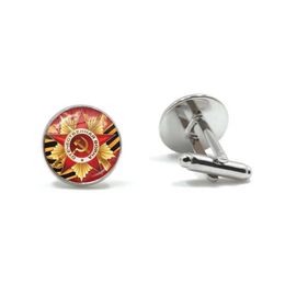 Cuff Links CCCP Soviet Army Red Star Cufflinks 16mm Glass Kabokong Art Circular Russian Emblem Cufflinks Mens Shirt Jewellery