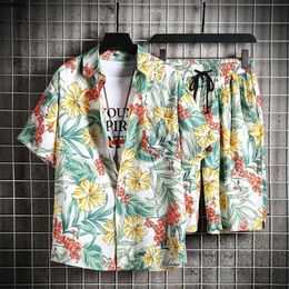 Broken Flower Ice Silk Shirt Two-piece Set for Men Loose Fit Large Size Trendy Street Beach Tourism Vacation Couple {category}