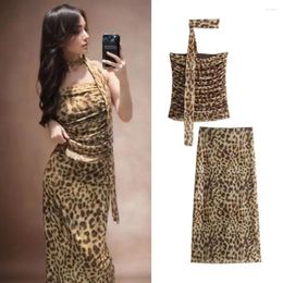 Skirts Intage Leopard Pleated Top Fashion Vintage Sexy Lady Set High Wais Tube Print Skirt Suit