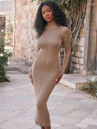 Casual Dresses Sexy Backless Bandage Women Knitted Midi Dress Fashion Solid Half High Collar Long Sleeve Summer Bodycon Streetwear Robe