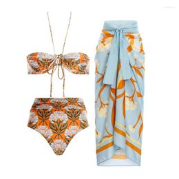 Halter Strap Bikini Bathing Suits Women Swimwear Pleated Ring Swimsuit With Cover Up Orange Flower Print Lace-up Beachwear