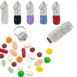 Storage Bottles Retro Full Rhinestone Zinc Alloy Bottle Tablet Holder Sparkling Boxes Mini Organiser Keychain