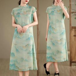 Ethnic Clothing 2024 Chinese Vintage Dress Improved A-line Cheongsam National Flower Print Loose Qipao Oriental Elegant Folk
