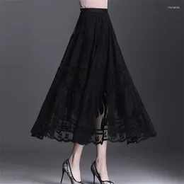 Skirts Women Vintage Sexy Hollow Lace High Waist Elegant Party Long Skirt Summer Fashion Black Pleated Fairy A Linen Maxi Faldas
