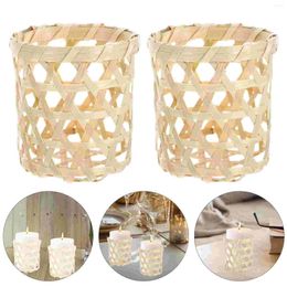 Candle Holders Cup Wicker Woven Tea Light Holder Decorative Bamboo Votive Rattan Glass