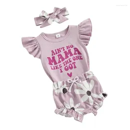 Clothing Sets Born Baby Girl Summer Outfit Letter Print Ruffled Short Sleeve Romper Floral Shorts Headband Set