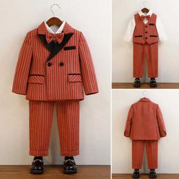 Suits Flower Boys Red Stripe Luxurious Birthday Dress Children Pinao Violin Photograph Suit Baby Kids Wedding Performance Tuxedo Set Y240516S62F